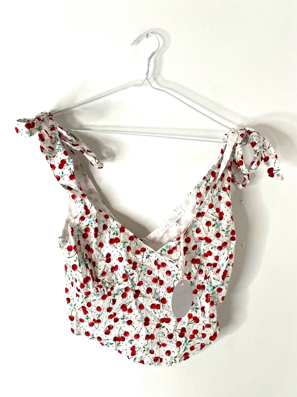 Cherry Print NWT Tie Shoulder Crop Top White Red Bustier Style Zipper Back
